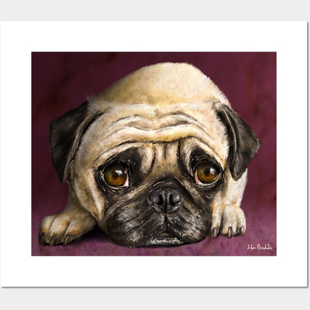 Digitally Painted Pug Portrait on a Purple Background Wall Art by ibadishi